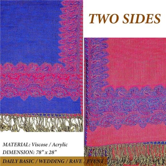 Elegant Reversible Paisley Shawl Wrap Scarf Blue Pink - Picture 6 of 6